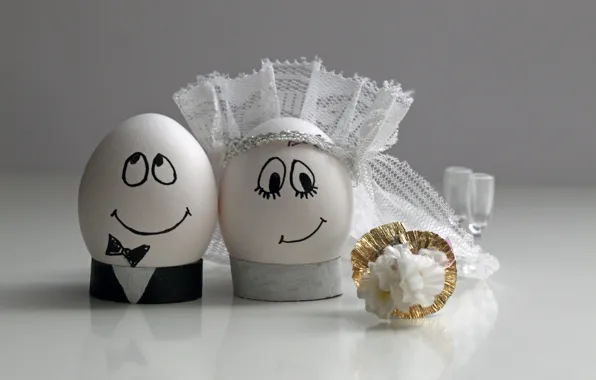 Picture happiness, eggs, bouquet, veil, wedding, the bride and groom
