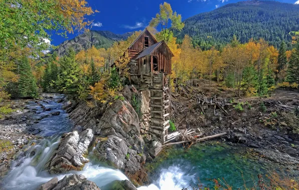 Autumn, trees, mountains, river, stream, Colorado, USA, Crystal Mill