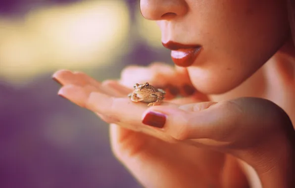 Picture girl, hand, frog, lips, profile