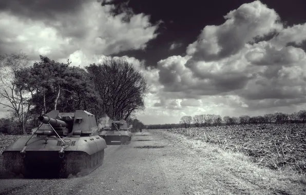 Clouds, Germany, art, tanks, artillery, SAU, WoT, black and white