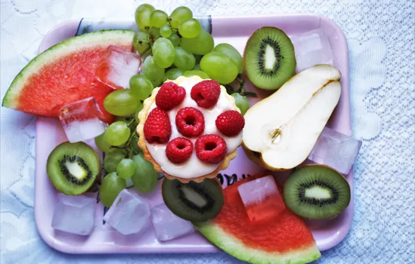 Green, berries, raspberry, table, ice, watermelon, kiwi, plate