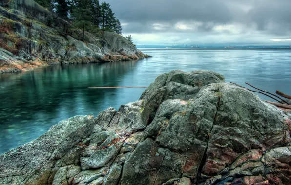 The sky, trees, landscape, clouds, nature, lake, stones, rocks
