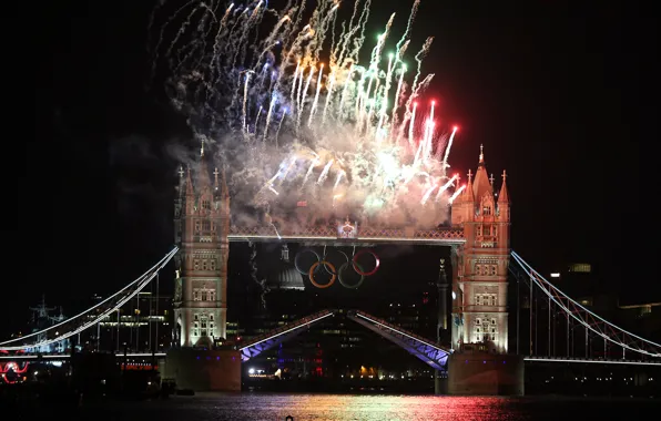 Night, salute, UK, fireworks, Tower bridge, London 2012, London 2012, The opening ceremony of the …