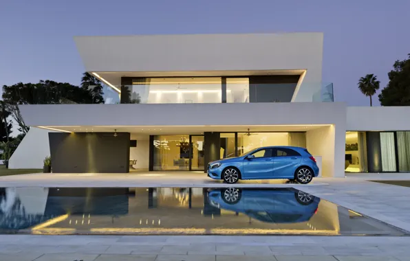 Blue, house, pool, Mercedes, Mercedes, A class