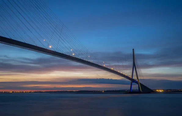Night, lights, France, support, Le Havre, Honfleur, Normandy Bridge
