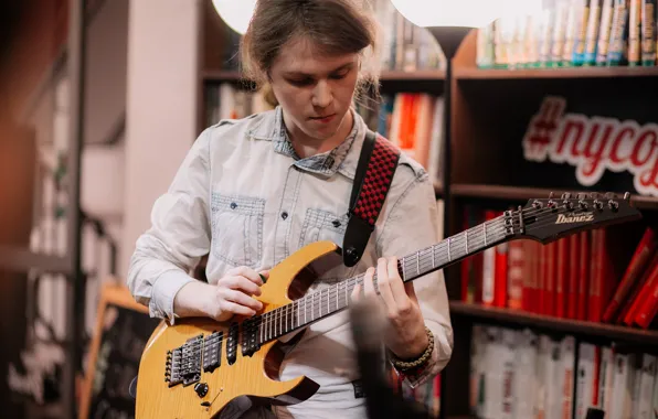 Guitar, Library, Musician, Books, Shelves