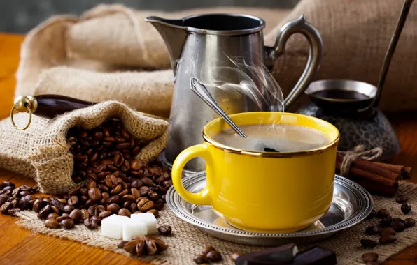 Coffee, chocolate, Cup, drink, wood, grain, star anise, cinnamon.