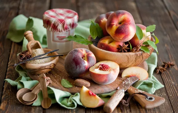 Dishes, sugar, Board, fruit, still life, cinnamon, peaches, vanilla