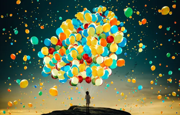 The sky, dream, light, flight, sunset, birds, rock, rendering