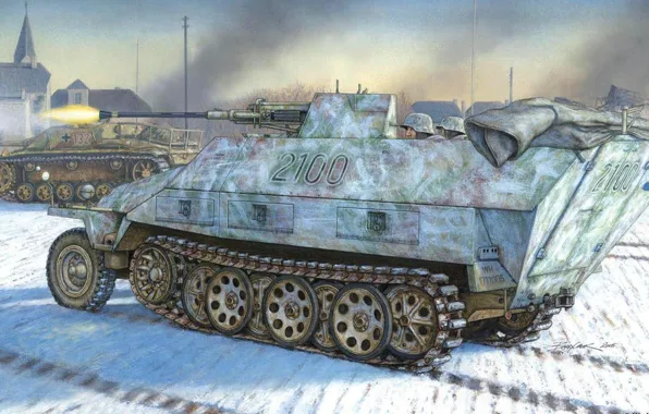 Picture winter, war, figure, battle, Assault gun, Flak 38, self-propelled anti-aircraft gun, StuG III