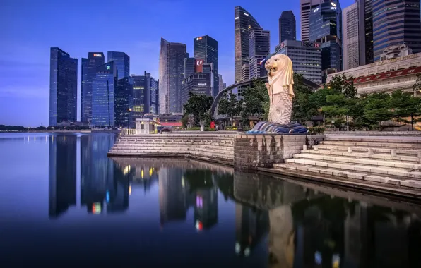 Sea, The city, Street, Skyscrapers, Fountain, Singapore