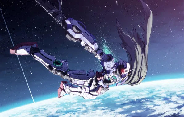 Space, earth, planet, robot, anime, art, fur, mobile suit gundam