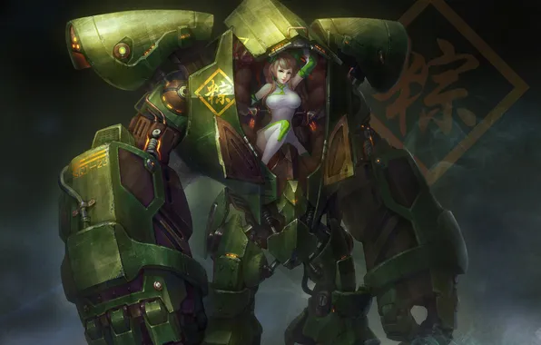 Picture girl, robot, cabin, simple background