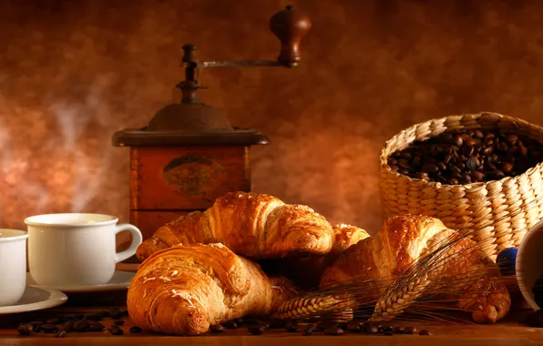 Spikelets, Cup, coffee beans, croissants, coffee grinder