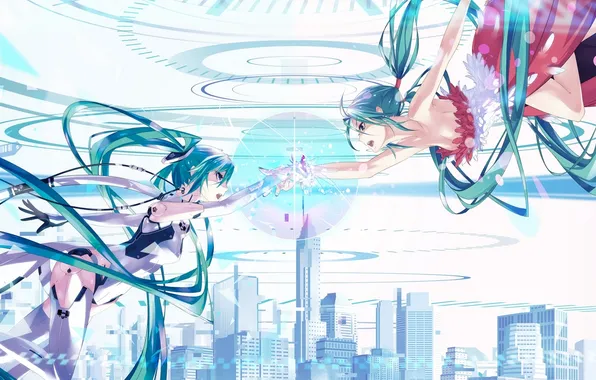 Picture the sky, girl, wire, building, robot, hatsune miku, Vocaloid