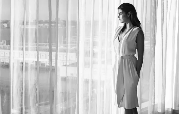 Photo, model, dress, brunette, window, hairstyle, curtains, black and white