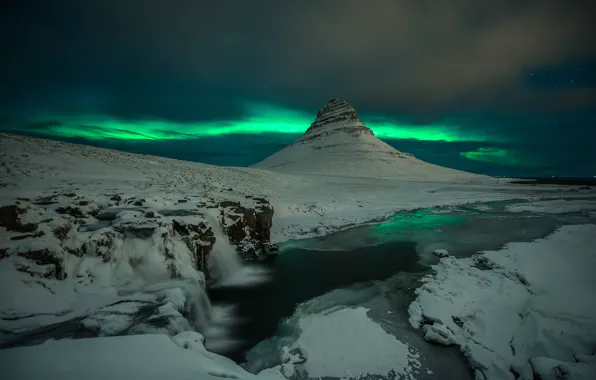 Snow, night, rocks, mountain, waterfall, Northern lights, the volcano, Iceland