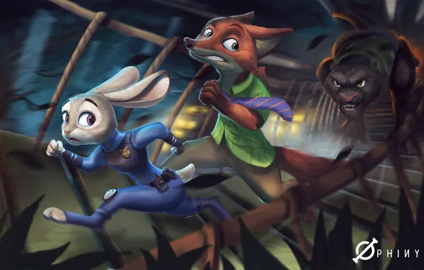 Disney, art, Zootopia, Nick Wild, Judy Hopps