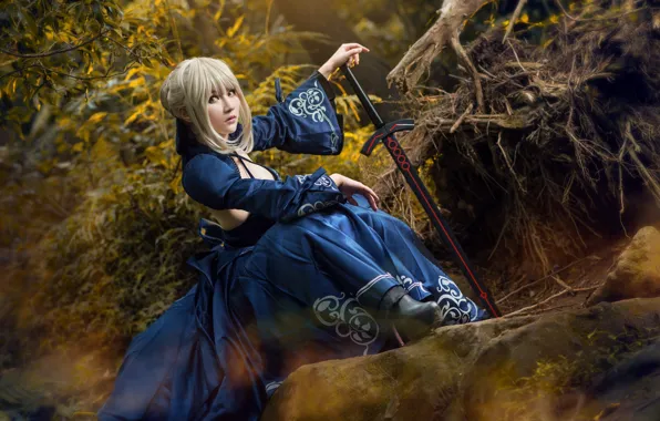 Picture forest, look, girl, blue, face, roots, pose, style, stones, weapons, foliage, sword, hands, hairstyle, blonde, …