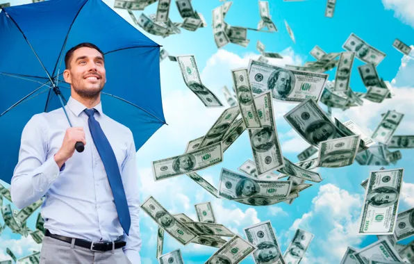 Picture the sky, clouds, umbrella, tie, male, shirt, dollars, pants