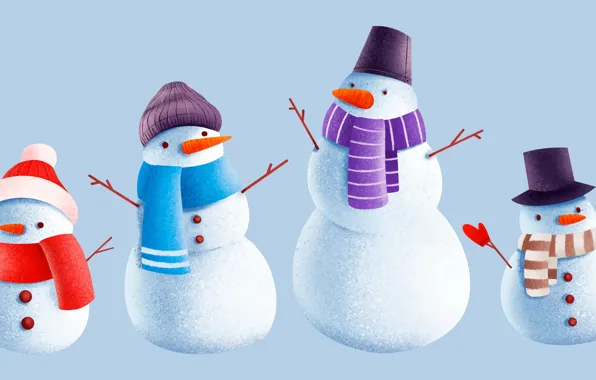 Winter, snow, rendering, Christmas, New year, snowmen, snowman, blue background