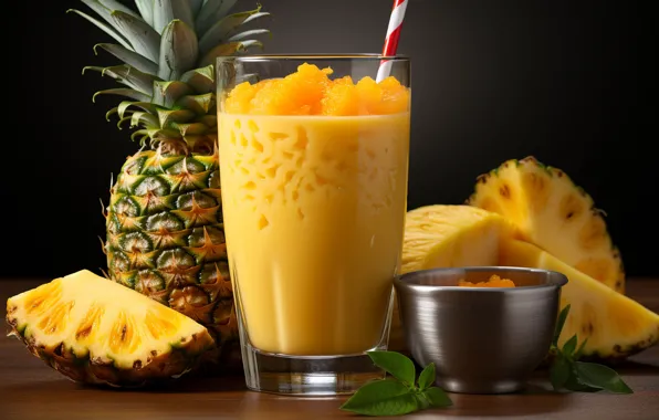 Leaves, glass, the dark background, table, the flesh, tube, bowl, pineapple