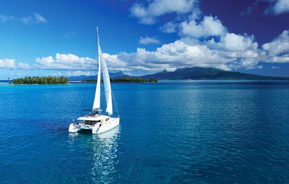 Islands, the ocean, yacht, sails, Tahiti, catamaran, French Polynesia