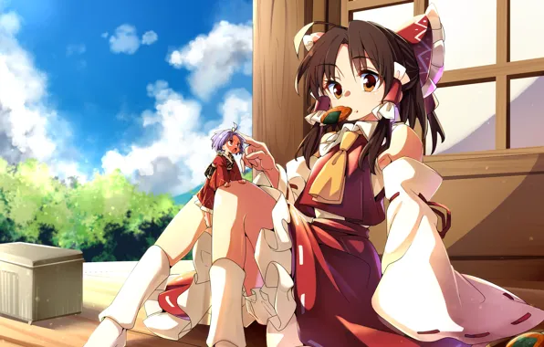 The sky, girl, bow, sitting, Chibi, Touhou, Touhou, Touhou