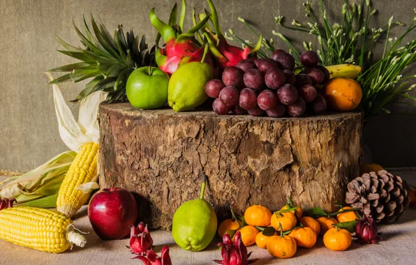 Flowers, apples, grapes, fruit, still life, vegetables, pear, flowers