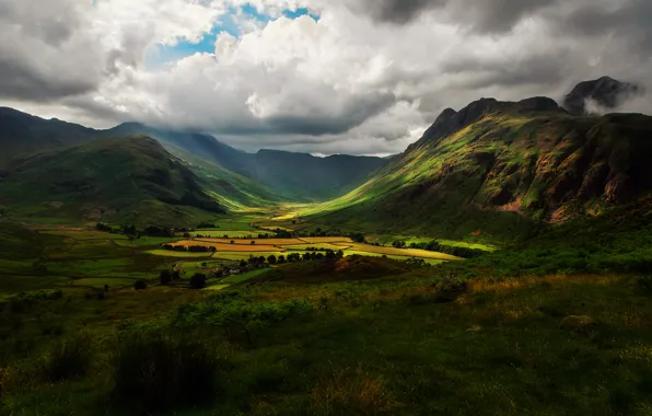 Picture the sky, clouds, light, mountains, clouds, hills, field, England