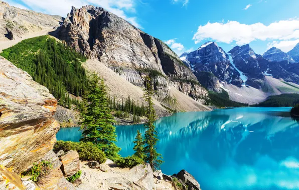 Forest, lake, Canada, landscape, lake, Banff National park, Moraine