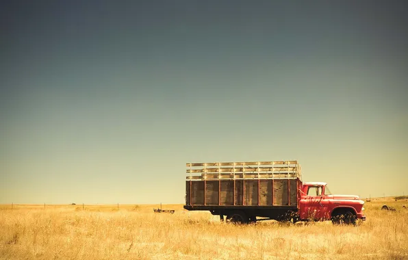 Picture field, the sky, grass, the fence, truck, farm