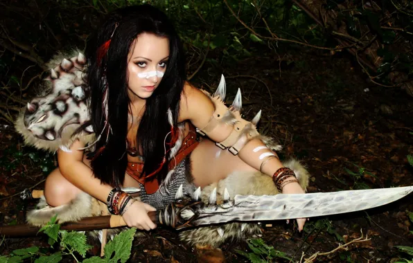 Picture look, girl, face, weapons, hair, fur, cosplay, barbarian
