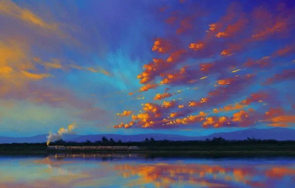 Sky, landscape, sunset, water, art, clouds, lake, train