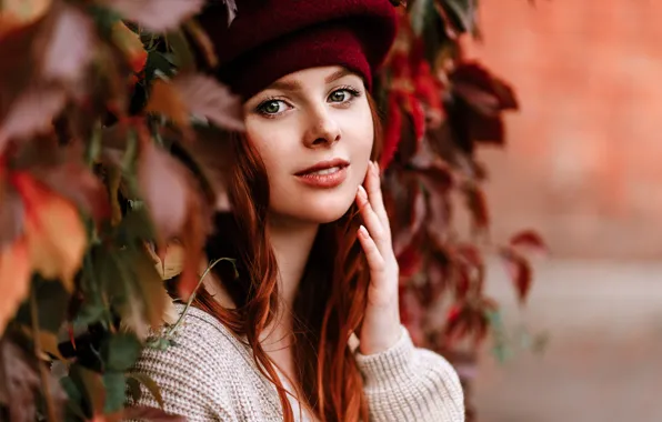 Look, leaves, girl, face, hand, portrait, red, redhead