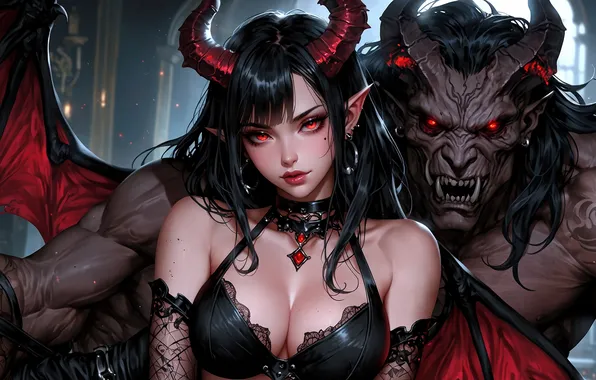 Girl, man, the demon, horns, demons