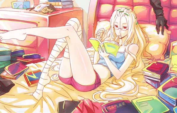 Girl, room, feet, shorts, books, hand, red eyes, a lot