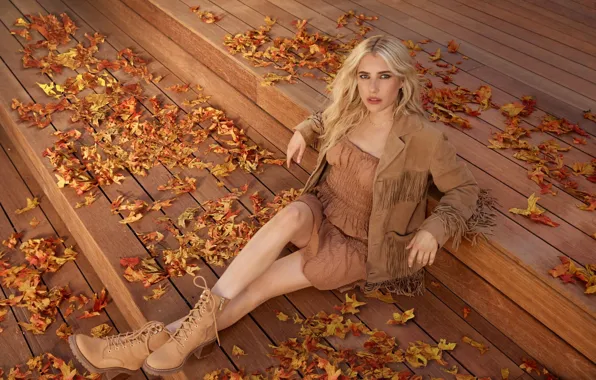 Autumn, look, leaves, shoes, dress, actress, jacket, blonde