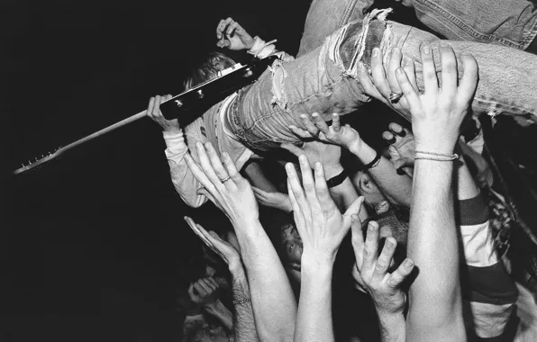 The crowd, guitar, hands, musician, Kurt Cobain, slam