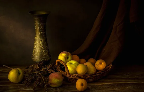 The dark background, table, fabric, vase, pitcher, fruit, still life, peaches