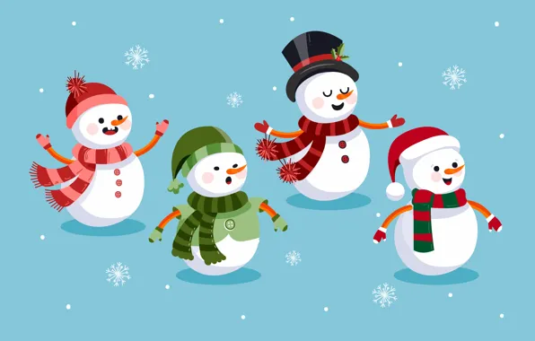 Snowflakes, graphics, Christmas, New year, snowmen, snowman, blue background, Quartet