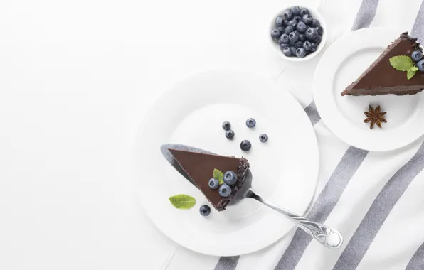 Berries, towel, blueberries, plates, white background, pieces, cake, bowl