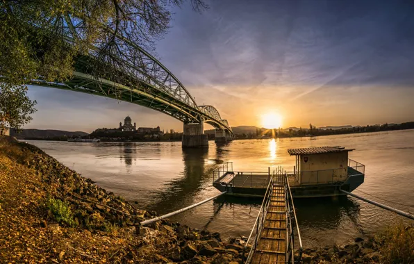 Sunset, bridge, river