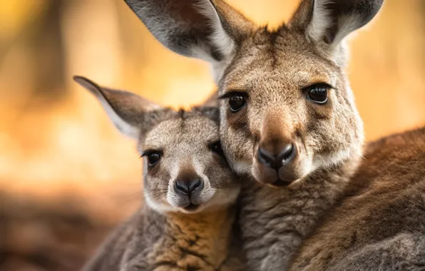 Kangaroo, pair, cub, mom, muzzle, digital art, AI art, neural network