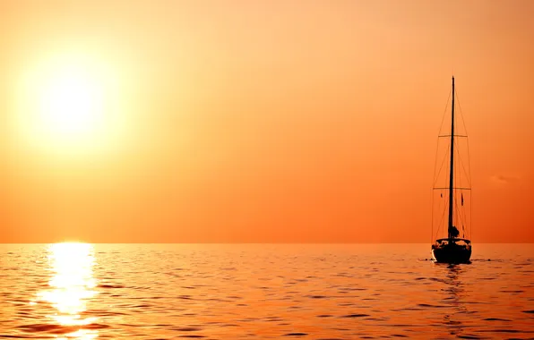 Sea, the sun, glare, reflection, morning, yacht, haze, calm