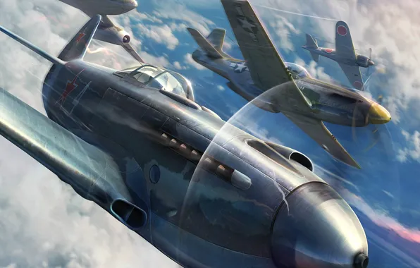 The sky, Clouds, Aircraft, Aviation, Fighters, Camouflage, Wargaming Net, World of Warplanes