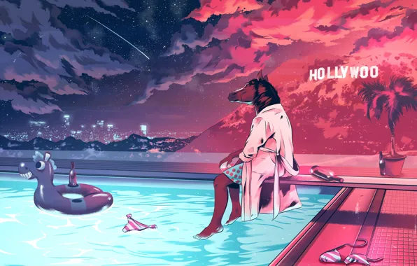Night, Stars, Horse, Art, Cartoon, Character, The pool, Hollywood