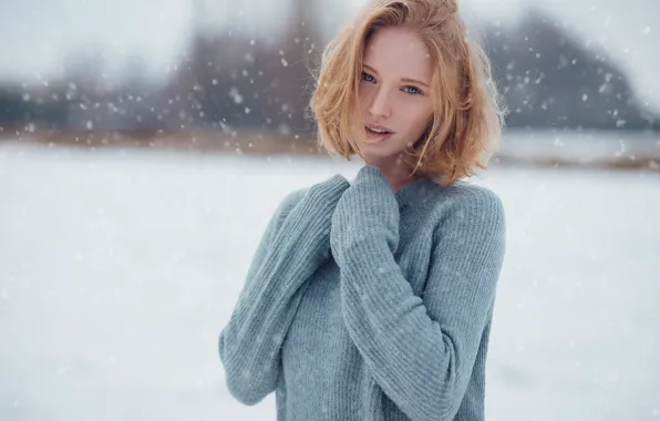 Winter, look, girl, snow, pose, background, model, portrait