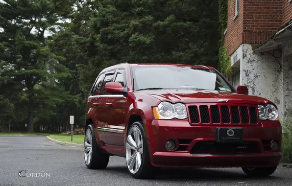 Trees, red, jeep, red, wheels, jeep, grand cherokee, Grand Cherokee