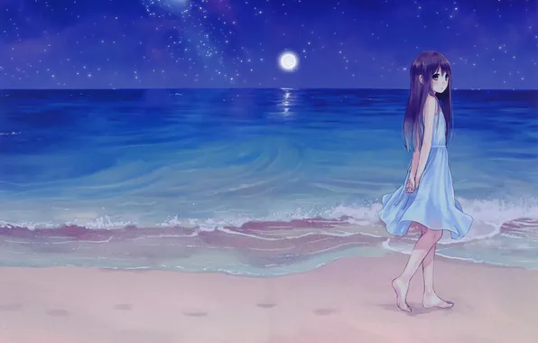 Sea, beach, girl, night, the moon, anime, dress, art